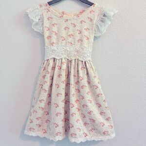 Haute Baby Pink & Cream with Lace Details Sundress with Flutter Sleeves. Size 6Y